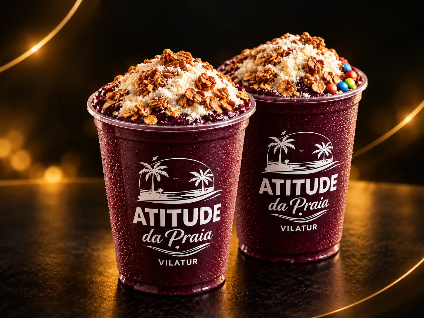Dois copos Atitude da Praia com açaí, leite em pó e granola